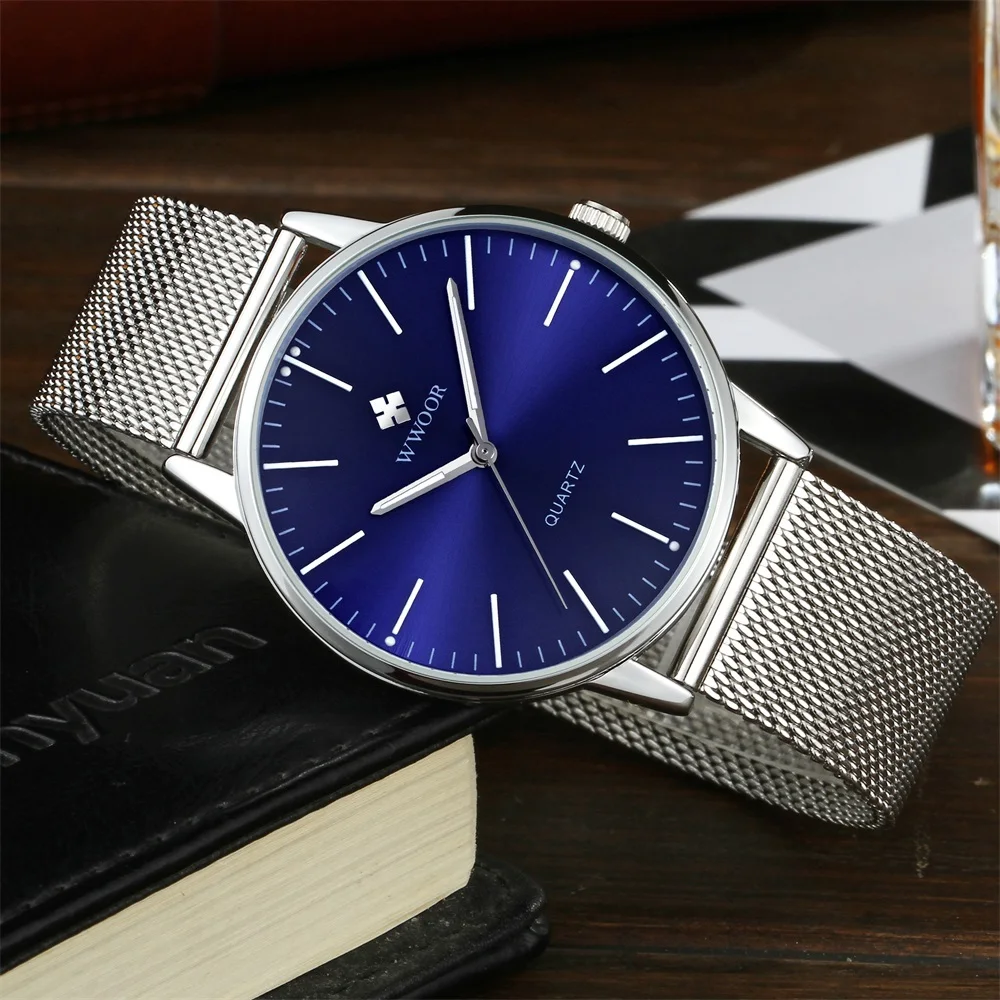 WWOOR модные роскошные брендовые часы мужские из нержавеющей стали с сетчатым
