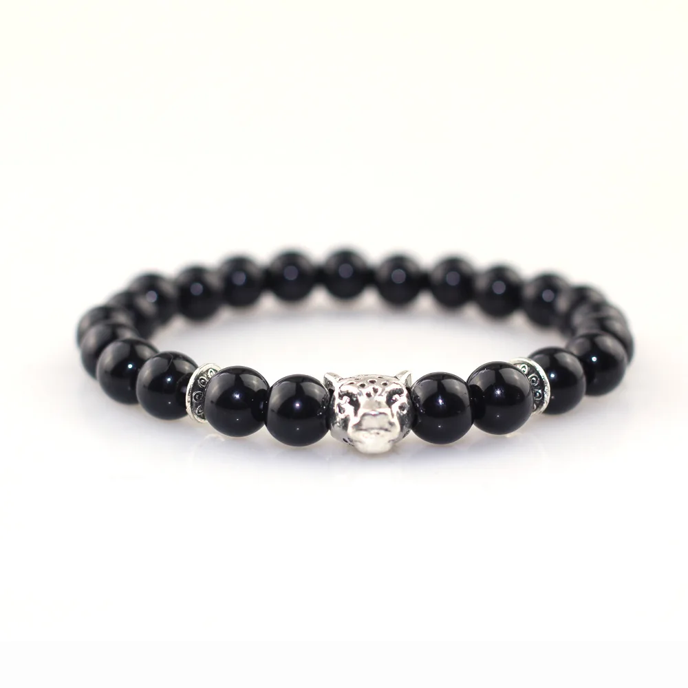 8MM Antique Silver Leopard Head &ampStrawberry Bracelet Men Jewelry Fashion Black Matte natural Stone obsidian Beads | Украшения и