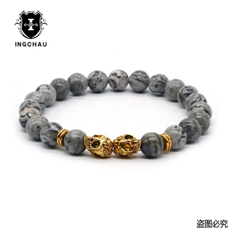 Map Stone Gold Античный Золотой Будда Браслет из головы черепа черный Лава камень скелет бисерные браслеты для мужчин женщин Pulseras Hombre N4-7 - Окраска металла: Map Stone Gold