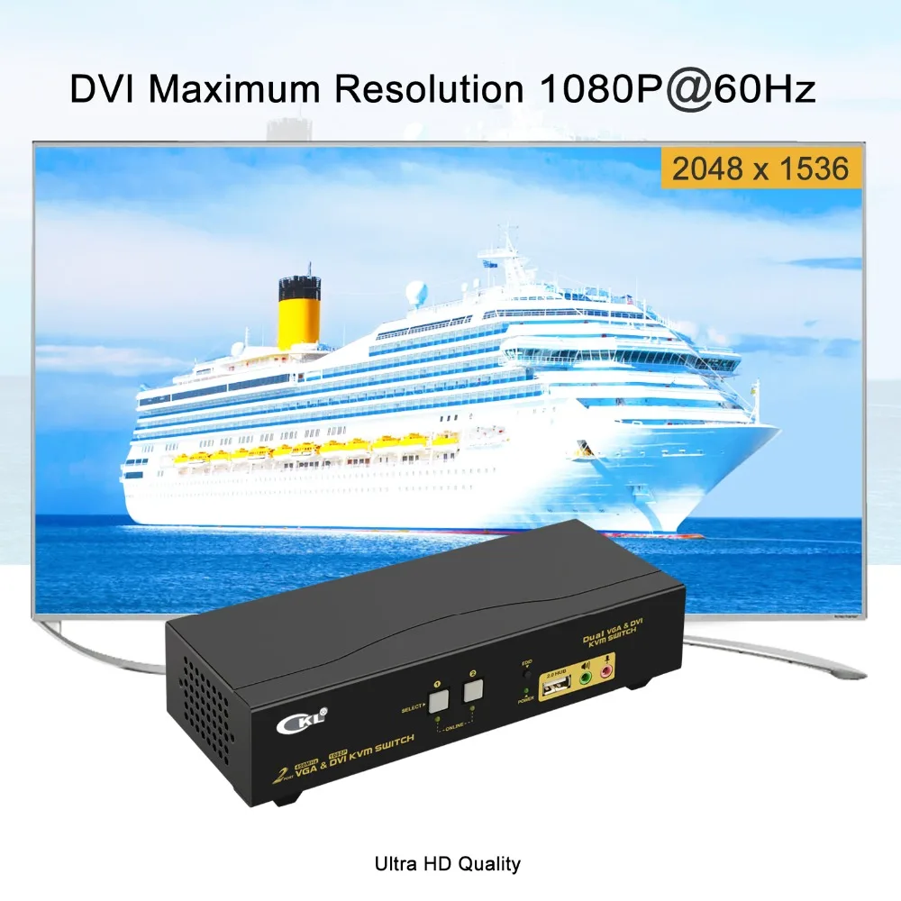 2 порта двойной монитор KVM Swith DVI VGA Расширенный дисплей поддержка 2048x1536 1080 P с USB2.0