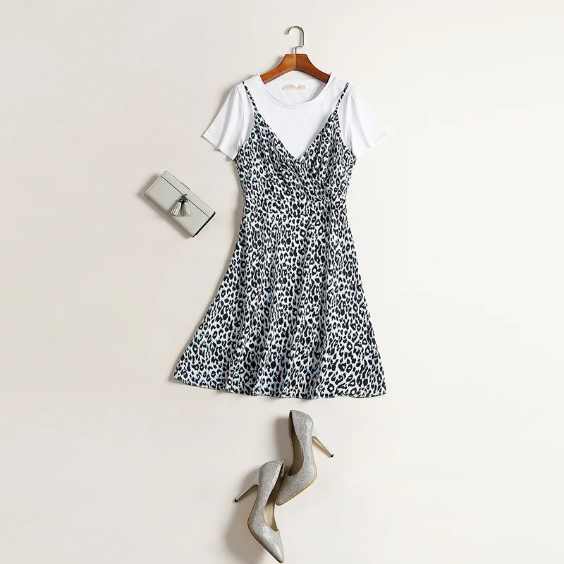 FASHION Mori Girl Summer Dress 2018 Leopard Print Vestidos Women Sexy Elegant Strap Casual 2 Sets with White T-shirt B1341 | Женская