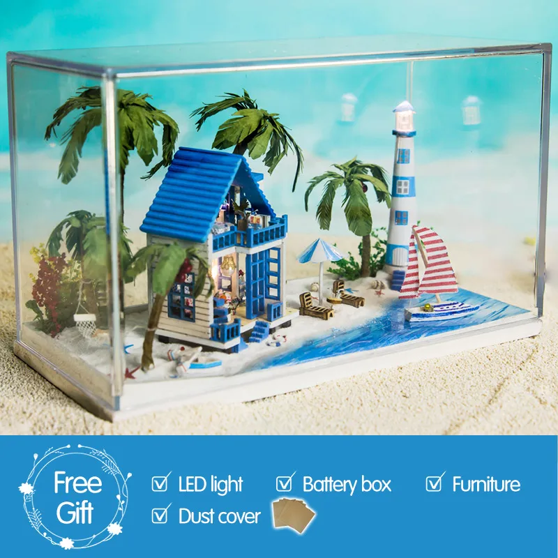 DIY деревянный дом Miniaturas с мебели DIY Эгейское море миниатюрный дом Кукольный домик детские игрушки подарок на Рождество и день рождения N002 - Цвет: With dust cover