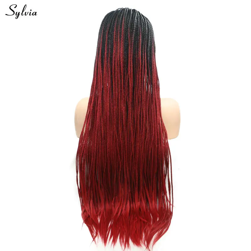 Sylvia Braided Box Braids Wig Black Roots Ombre Purple Red Grey Synthetic Lace Front Wigs For Women Long Afro Party Cosplay Hair | Шиньоны и