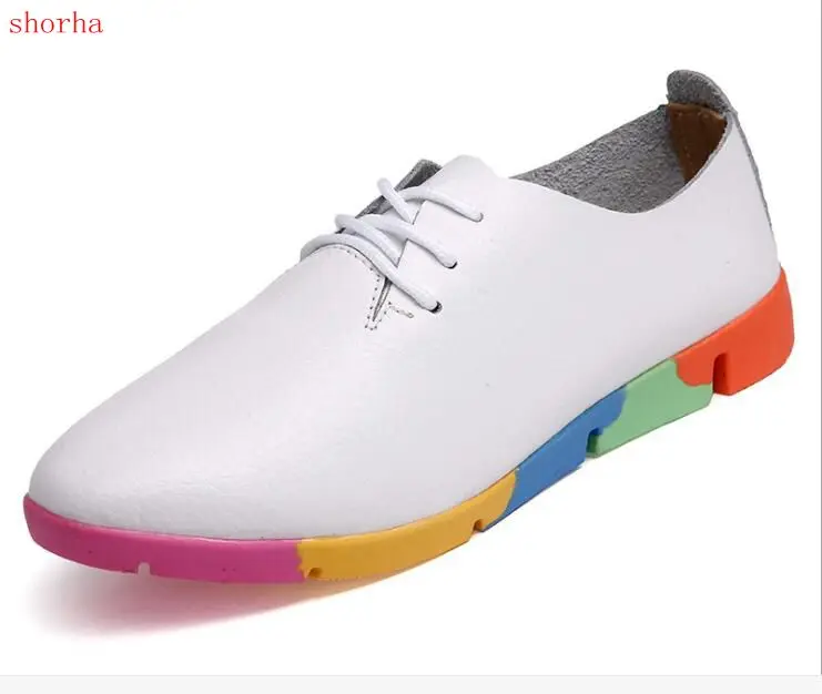 New Autumn spring new lace-up leather women flat white shoes pointed toe deep mouth soft bottom leisure colorful woman | Обувь