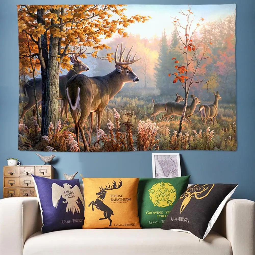 

Autumn Natural Tapestry Forest Wall Hanging Animal Decoration Elk Wall Tapestry Boho Decor Psychedelic Tapestry Tree 3D Wall Rug