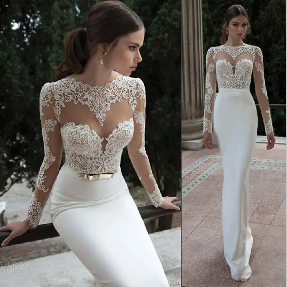 

ANTI Real Vestidos De Noiva 2019 New Arrival Sexy Long Sleeve Sheer Lace Mermaid Wedding Dresses Satin Bridal Weddings & Gowns