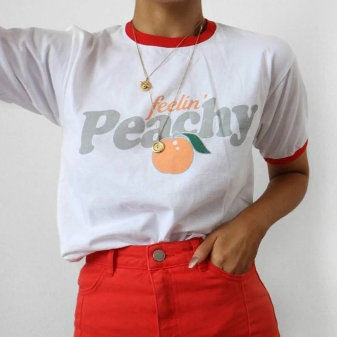 

Fellin' Peachy Vintage Aesthetic Ringer Women T shirts Hipster Streetwear Printed Short Sleeved Vogue Summer Tops Cute Outfits