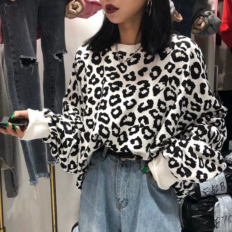 Vogue Для женщин 2018 полный Leopard Мода толстовки с длинными рукавами и круглым вырезом