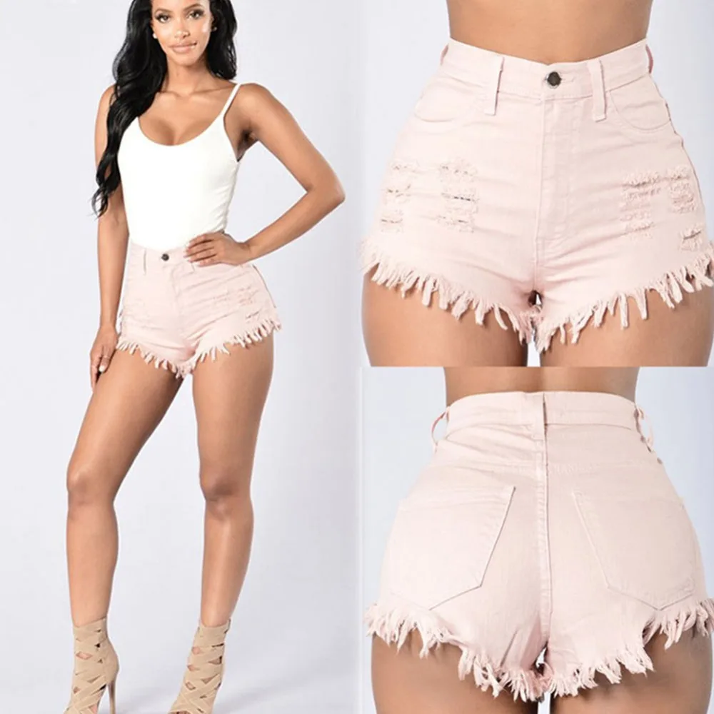 Summer high waist sexy women jean shorts ripped tassel fashion blusas femme bodycon denim casual skinny slim pocket short | Женская