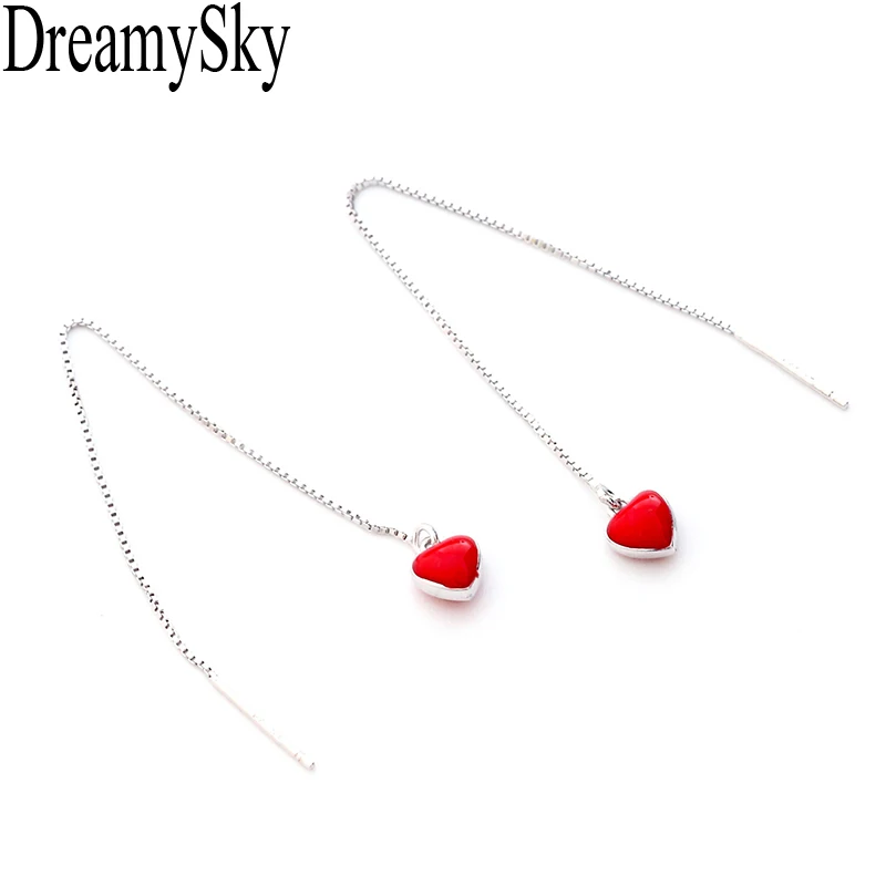 DreamySky 2018 новые дизайнерские Серебряные длинные серьги с красным сердцем для