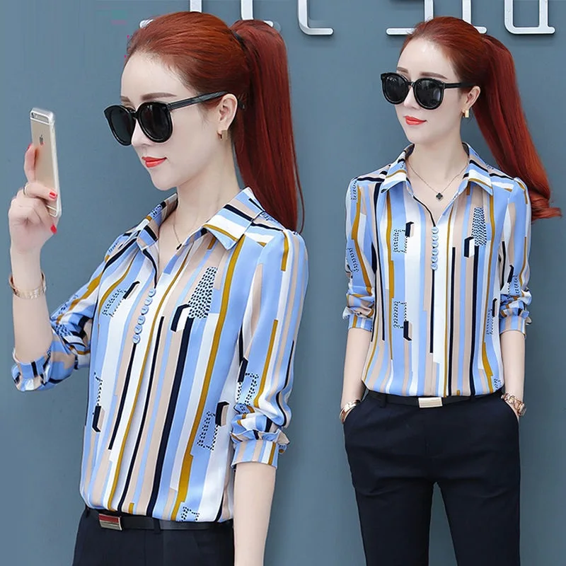 

women summer clothing chiffon print women shirts slim fit long sleeve blouses fashion shirts korean style lady office shirts