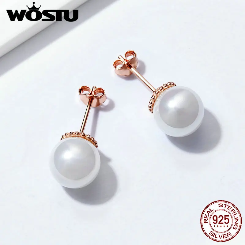 WOSTU серьги-гвоздики из пресноводного жемчуга розового золота, 925 пробы, серебряные маленькие серьги для женщин, Свадебные Элегантные 925 ювелирные изделия FIE609