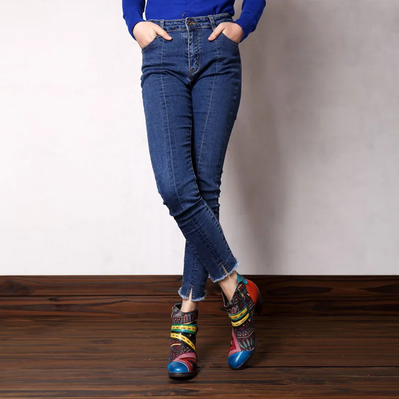 

New Fashion Handmade Genuine Leather Women Wedges Ankle Boots Female Spring High Heel Round Toe Dress Work Boots Big Size Shoes