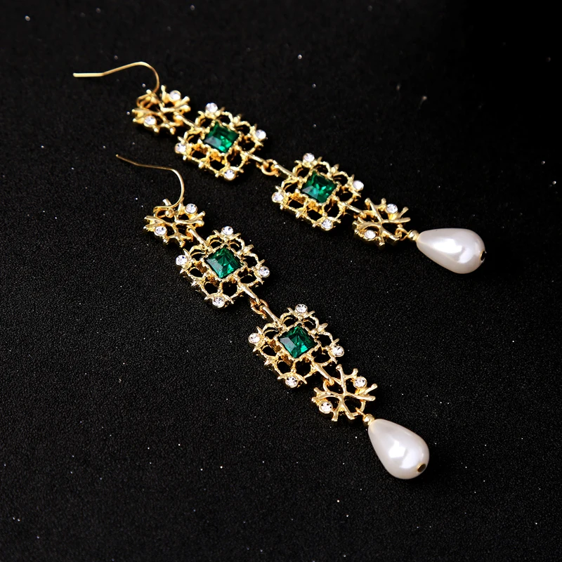 Long Style Simulated Pearl Drop Filigree Green Earrings 2018 Brincos Fashion Geometric Party for Women | Украшения и аксессуары