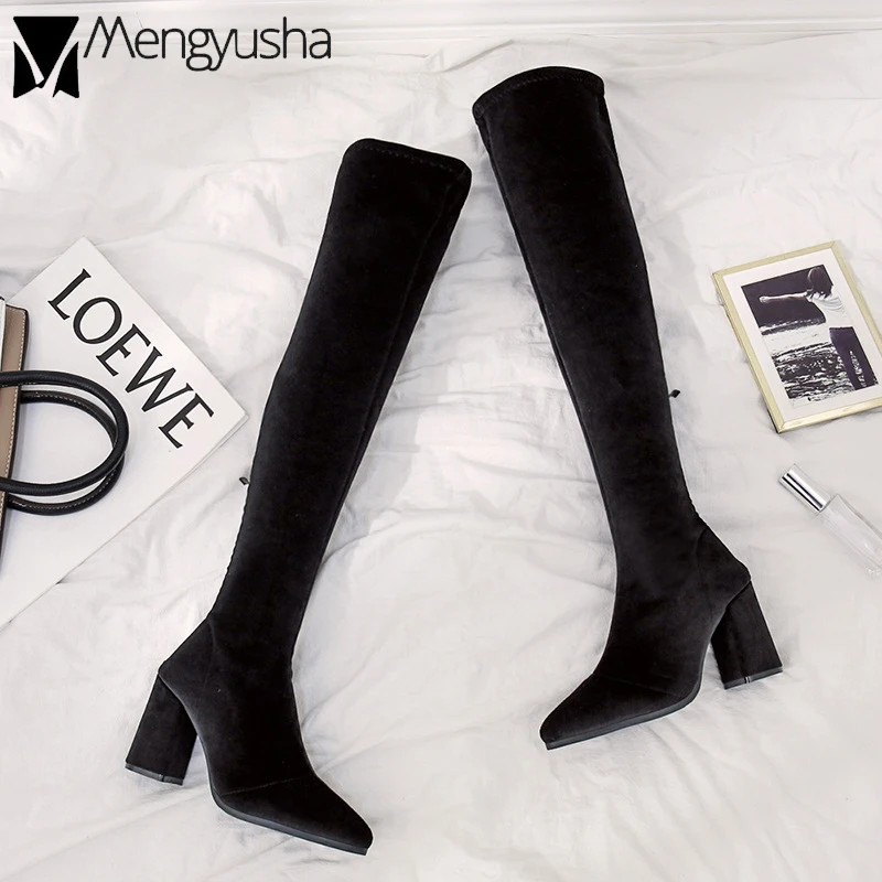 2019 г. знаменитые велюровые облегающие Женские Сапоги выше колена на молнии