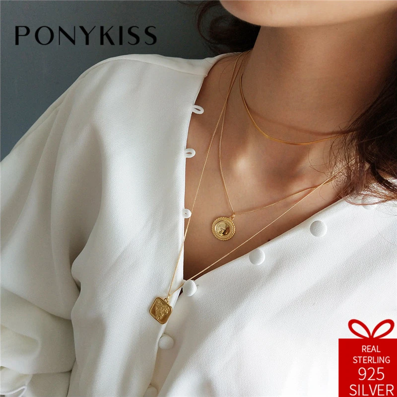 

PONYKISS, Трендовое 100% Стерлинговое Серебро 925 пробы, блестящее круглое квадратное ожерелье с подвеской в виде Розы, цепочка, женские вечерние а...