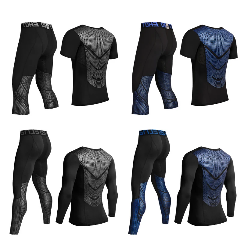 

Men MMA T-shirt Workout Shirts Pants Compression Sets Mens Running Tights Fitness Bodybuilding Leggings MMA Rashguard TrackSuits