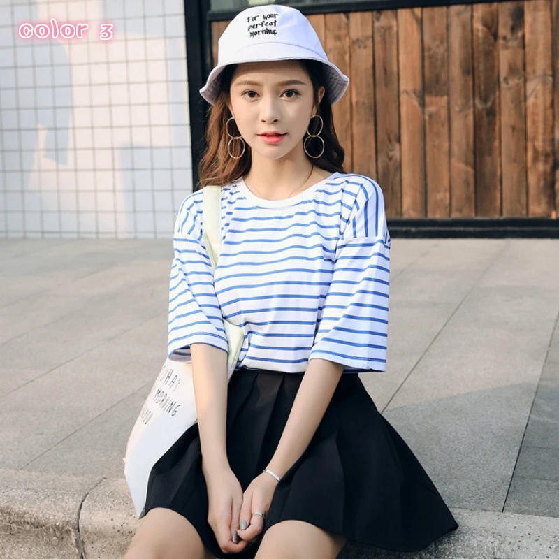 Хлопковая футболка с короткими рукавами Женская свободная полосатая Корейская