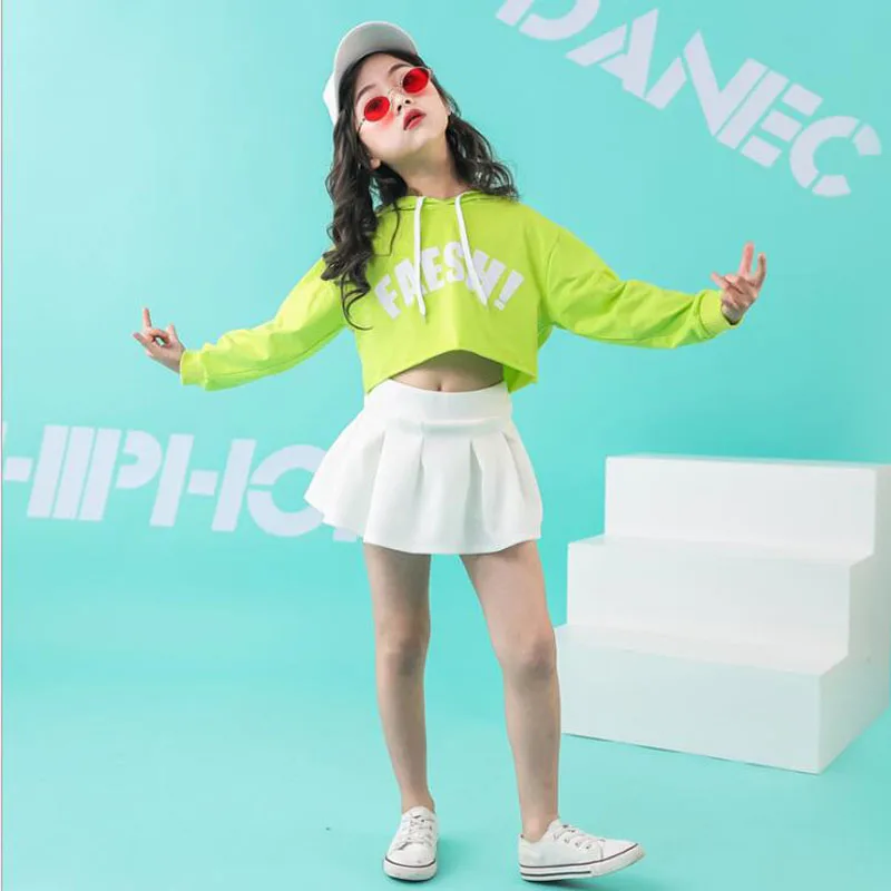 

Children Cheerleader Ballroom Modern Jazz Dance Clothes Girls Hip Hop Dancing Costumes Sweatshirt Crop Tops Short Skirt Wear