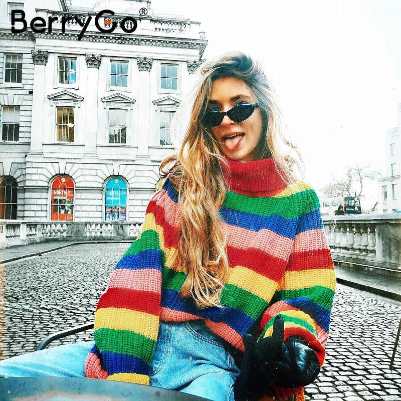 BerryGo Водолазка Полосатый Радужный свитер для женщин рукав летучая мышь