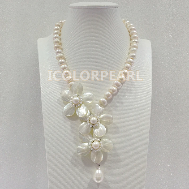 comprar WEICOLOR Bela 9.5-10.5mm Semiround Branco Natural Água Doce Da Pérola E Colar De Flores Shell. O Melhor Presente De Jóias De Casamento!