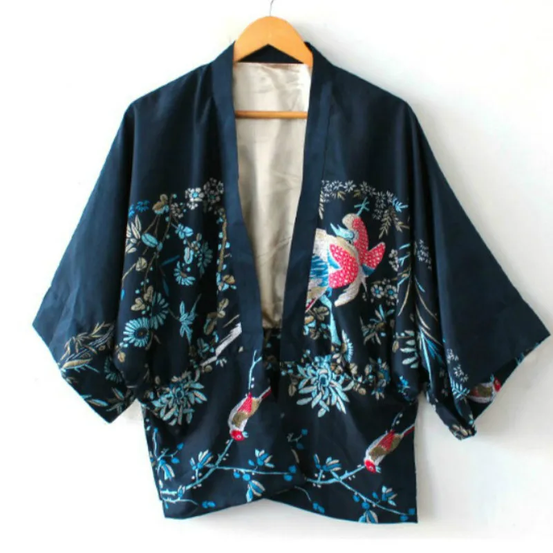 Японское кимоно в стиле Харадзюку рубашка с принтом Феникса сатиновый