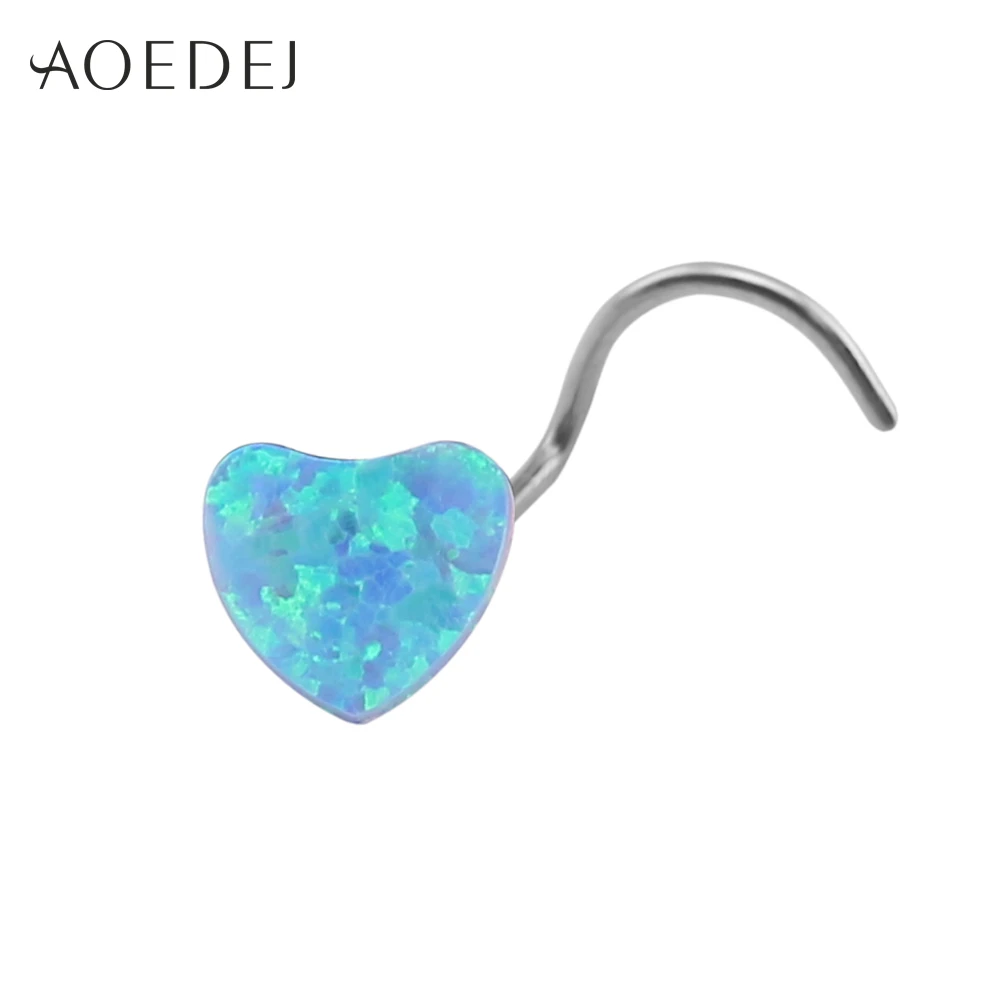 Sky Blue Heart AOEDEJ 3 цвета сердце нос шпилька для пирсинга, из нержавеющей стали синий природный камень опал кольца и штанги в нос украшение для пирсинга носа - Окраска металла: Sky Blue Heart