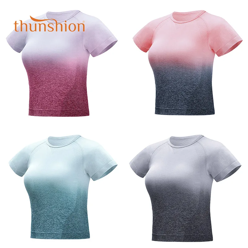 THUNSHION футболка для йоги, для бега, для тренировок, для занятий йогой, для спортзала, сексуальный градиентный Топ, дышащий, быстросохнущий, для фитнеса, с короткими рукавами для женщин