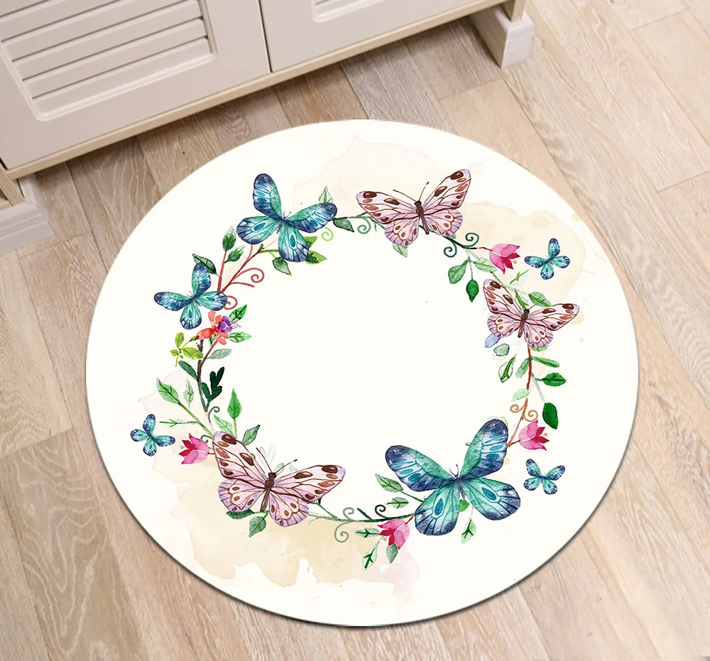 

Butterflies And Garland Round Indoor Living Room Floor Area Mat Children's Room Carpets Bathroom Non-Slip Cushion Home Door Rugs