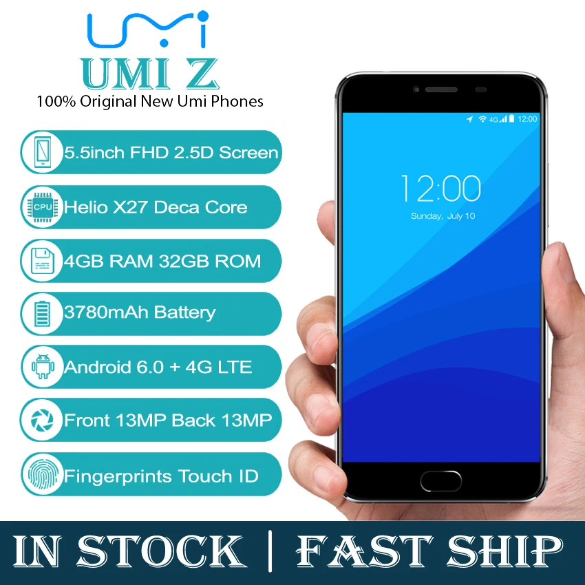 Umi Z Смартфон Android 6.0 MTK Helio X27 4 ГБ RAM 32 ROM 5.5 &quotFHD Экран 13.0MP Отпечатков Пальцев UMIDIGI Г