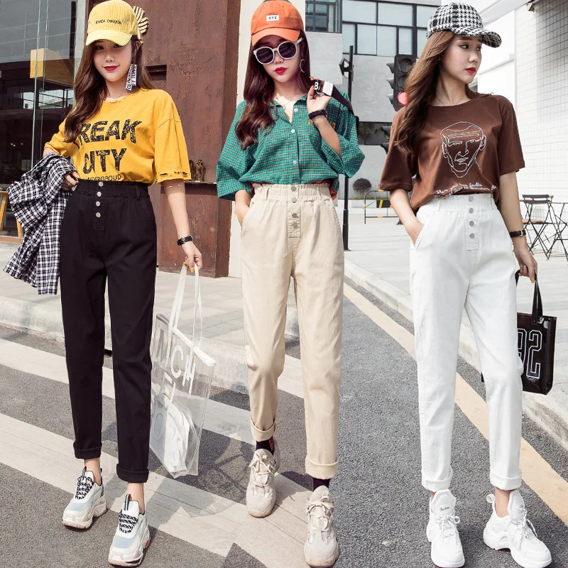 Solid High Waist Loose Women Harem Pants Fashion Button Pockets Trousers Summer Ankle-Length Harajuku Joggers | Женская одежда
