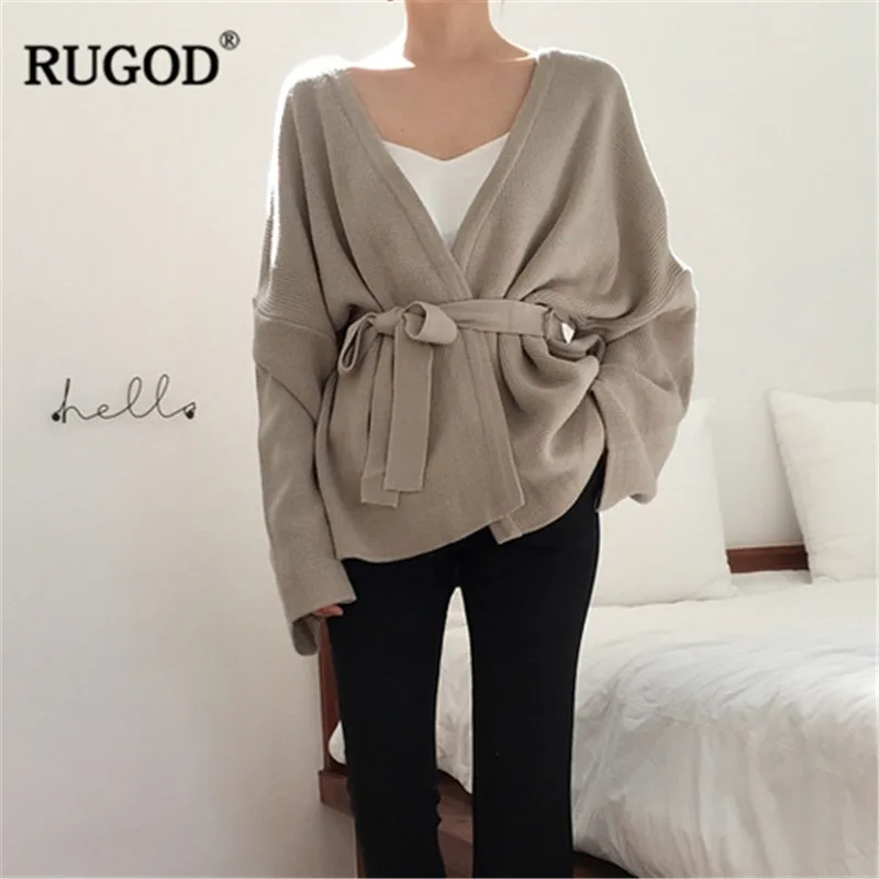 Женский кардиган с поясом RUGOD однотонный Повседневный вязаный свитер длинным