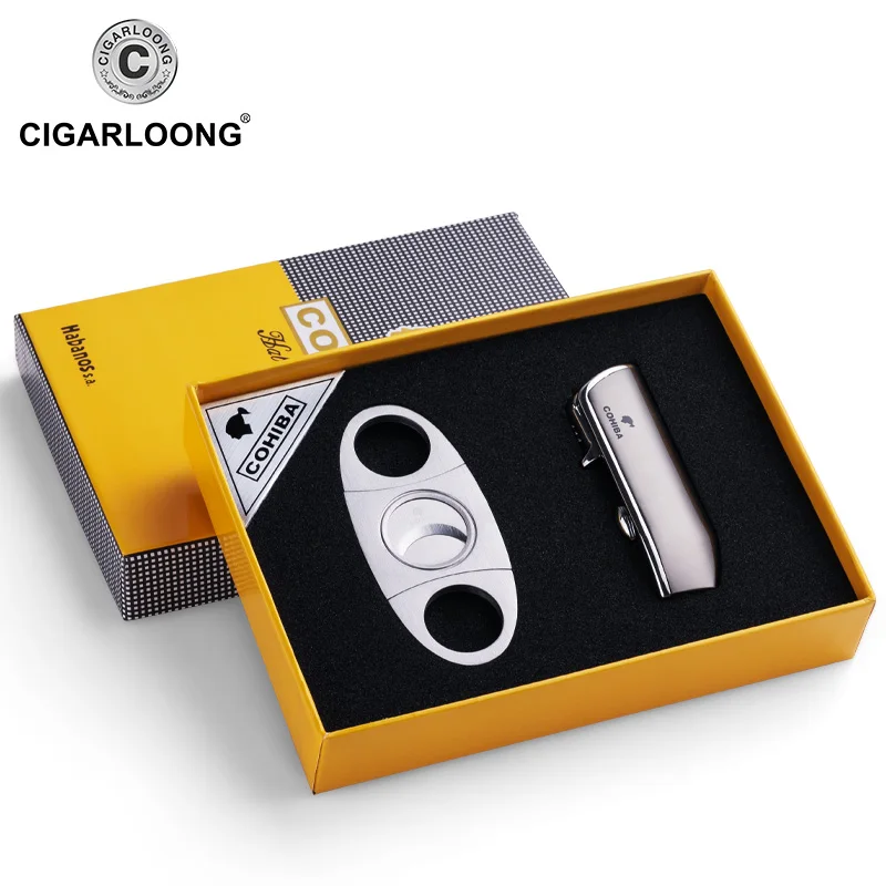 COHIBA металлическая ветрозащитная мини-карманная зажигалка для сигар 3 реактивного синего пламени зажигалки для сигарет с подарочной коробкой для сигарет с резцом - Цвет: Темно-серый