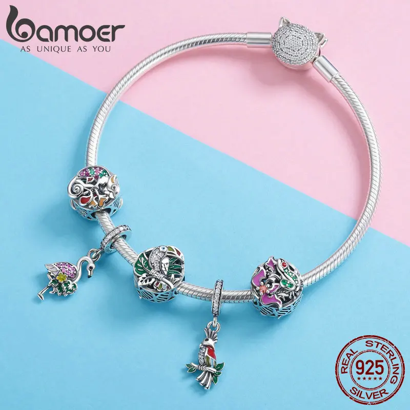BAMOER Hot Sale Genuine 925 Sterling Silver Colorful CZ Lizard Round Beads Fit Charm Bracelets& Necklaces DIY Jewelry SCC851