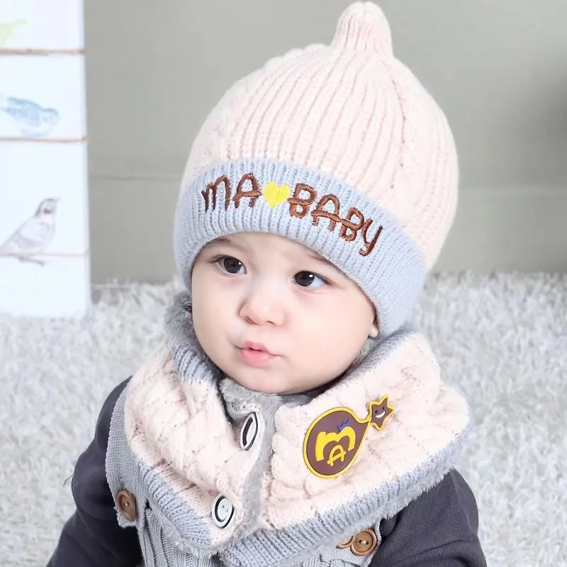 Новые 4 цвета детских шапок с шарфом, милые теплые осенне-зимние вязаные шапки и платки для детей.