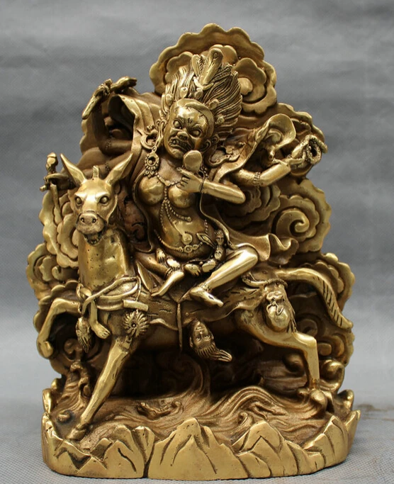 song voge gem S2488 8&quot Tibet Brass Buddhism Protect Deity 4 Arms Mahakala Buddha Ride Horse Statue | Дом и сад