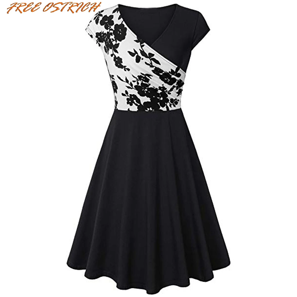 Свободные женские платья с коротким рукавом и v образным вырезом винтажное