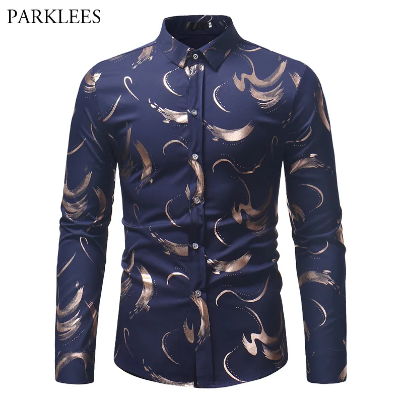 Рубашка мужская приталенная с длинным рукавом золотым бронзовым принтом