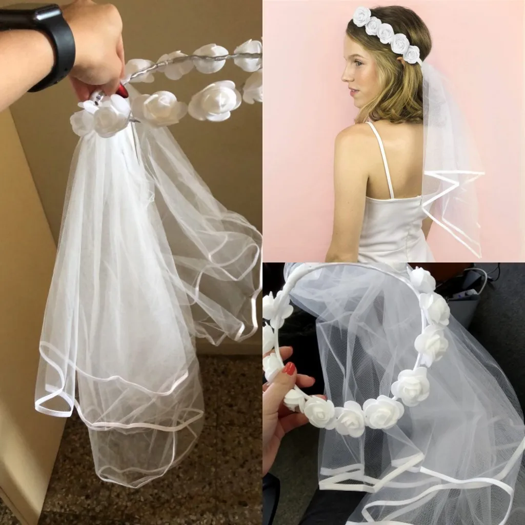 

BOAKO Rose Flower Headband Short Wedding Veils Bride Party Sash Bachelorette Hen Bridal Veils Photo Props Wedding Accessories