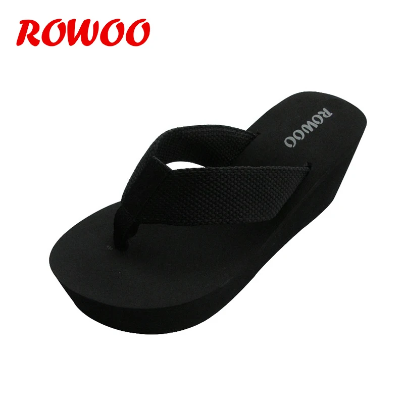 Модные женские шлепанцы на танкетке 8 см черные сандалии вьетнамки из ЭВА высоком