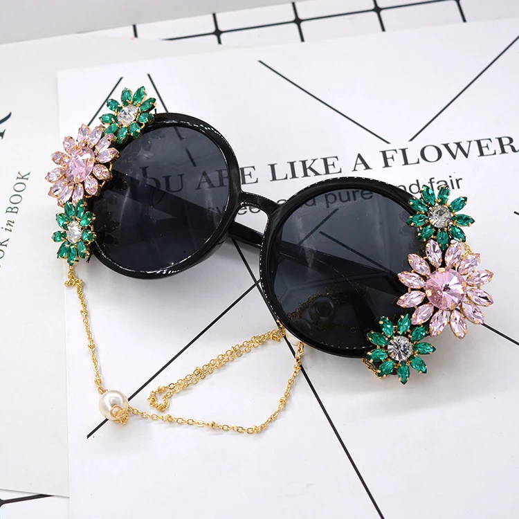 New Arrival Fashion Baroque Sunglasses Crystal Flowers Pearl Chain Decoration Summer Personalized Accessories | Аксессуары для