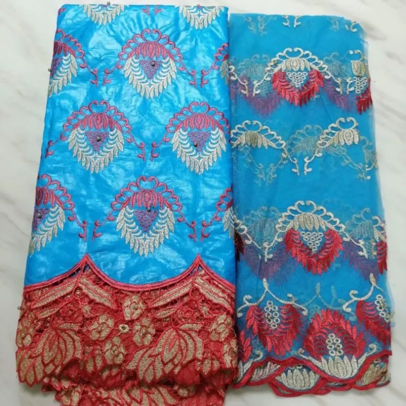 5yards+2yards african bazin riche getzner fabric latest beads lace nigerian fabrics ff16331 | Дом и сад
