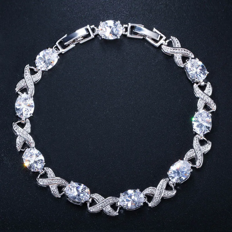 white CWWZircons Высокое качество Серебряный цвет крест Круглый Кубический Цирконий для женщин звено цепи браслеты для свадьбы свадебные аксессуары CB008 - Окраска металла: white