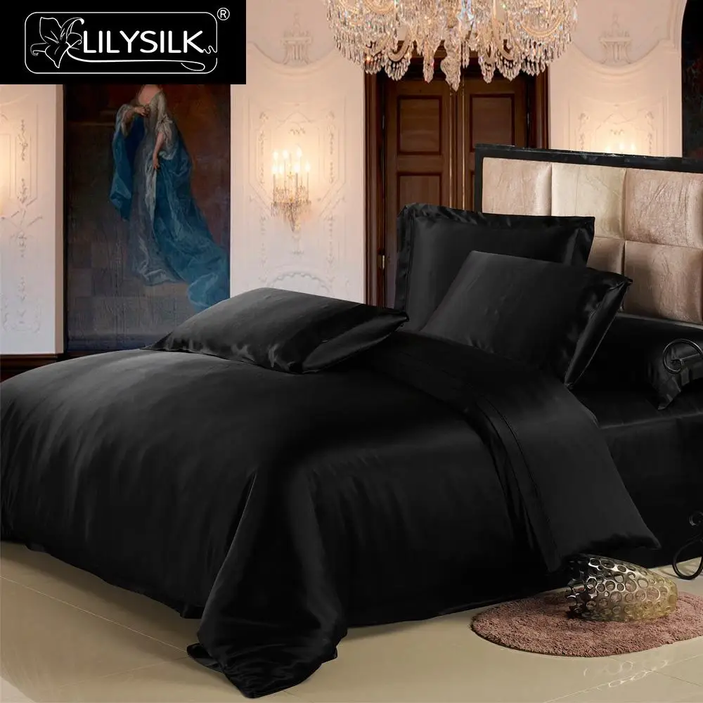 Lilysilk 4 шт. шелк Постельное белье шелковицы бесшовные Шелковый пододеяльник шелковая простыня Шелковый Оксфорд наволочки 19momme - Цвет: Black
