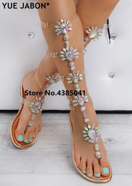 

YUE JABON Trendy Design Buckle Straps Flat Heel Sandals Gold Woman Knee High Gladiator Sandal Boot Bohemia Crystal Beach Shoes