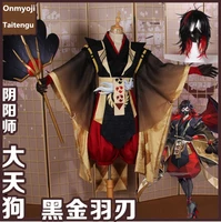 anime onmyoji taitengu black gold feather blade combat suit kimono uniform cosplay costume halloween outfit new free shipping