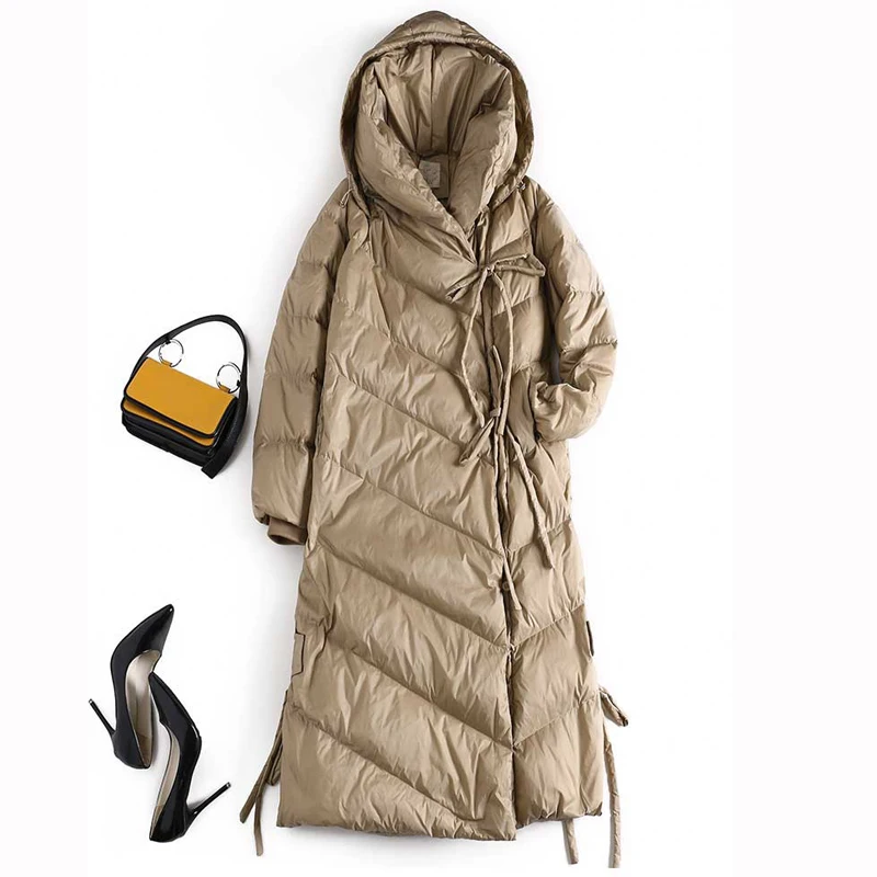 

Brand Elegant Women's Down Jacket 2020 Winter Long Style 90% White Duck Down Coat Women Warm Hooded Lace Up Woman Outwears AO740
