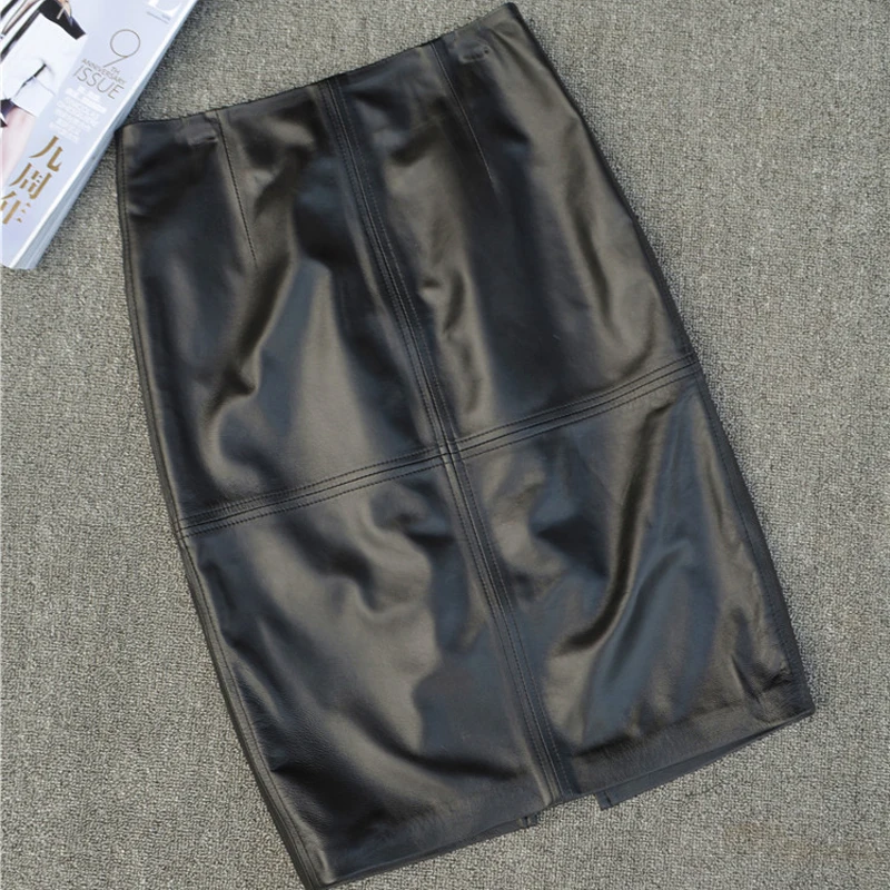 RYS625 Winter Classic Woman Genuine Leather Skirt Female Black/Red Sexy Midi Long Slim Knee Length Step Placketing Bust Faldas