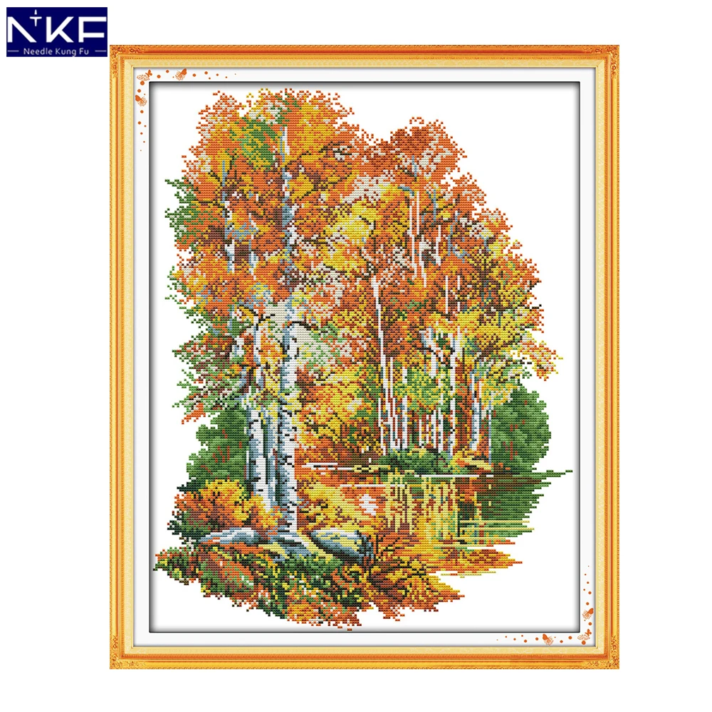 NKF In The Autumn of Birches Stamped Cross Stitch Pattern DIY Kits Needlework Embroidery Set Chinese for Home Decor | Дом и сад