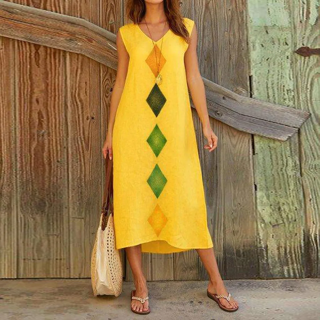 Платье женское длинное повседневное Пляжное без рукавов с треугольным вырезом